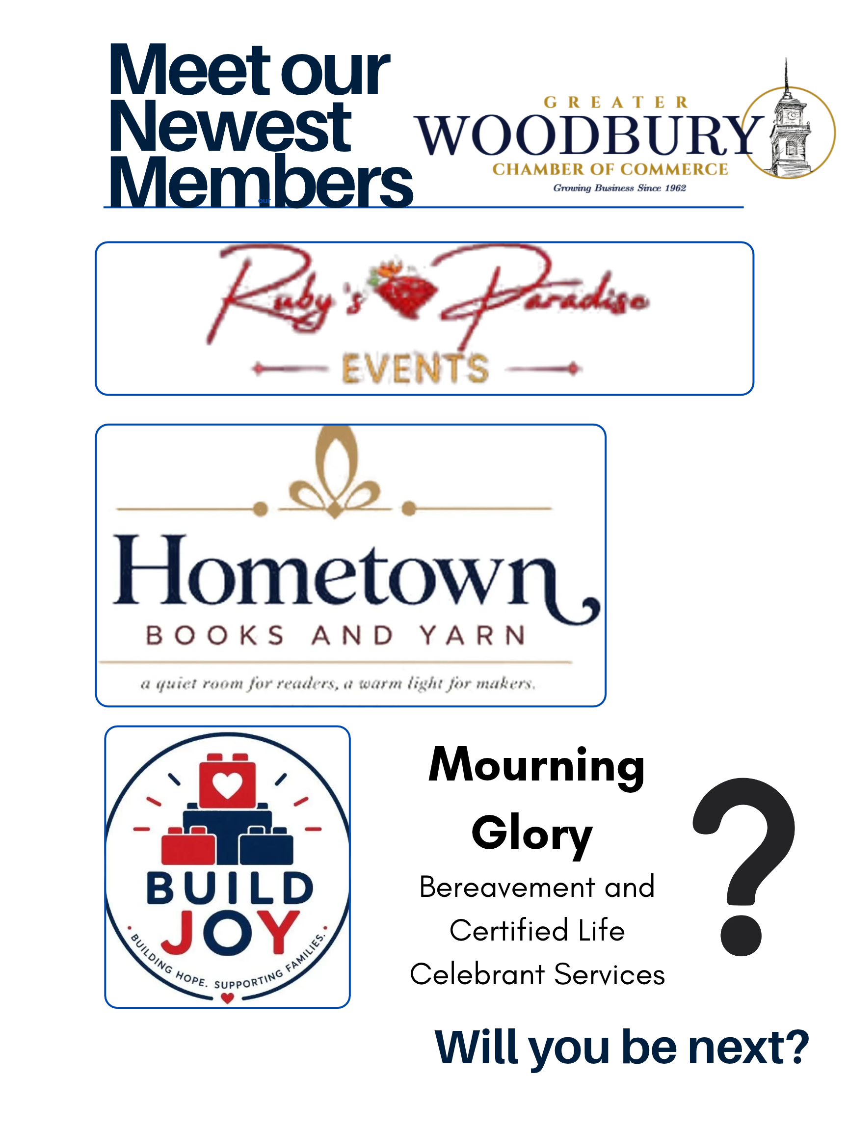 Meet our Newest Members: Ruby's Paradise Events, Hometown Books and Yarn, Build Joy, and Mourning Glory Bereavement and Certified Life Celebrant Services